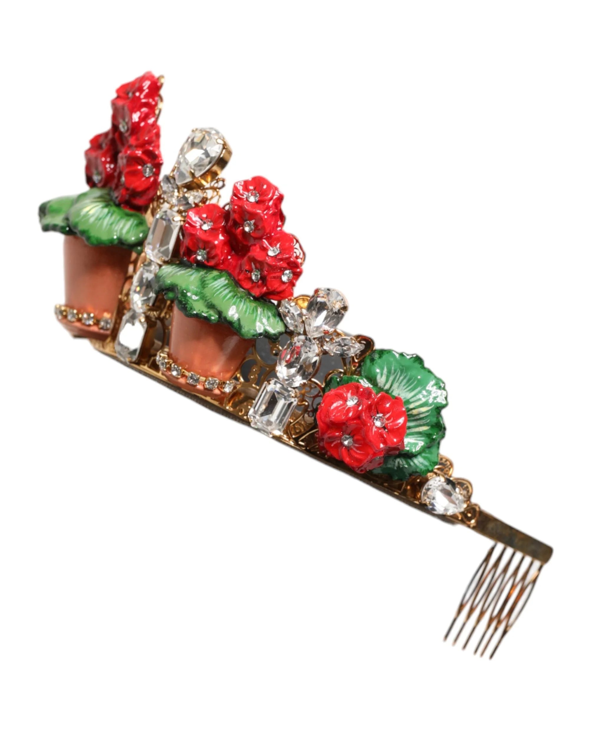 Čelenka Dolce & Gabbana Červená Květinová S Květináčem, Krystaly, Zlato, Koruna, Tiare