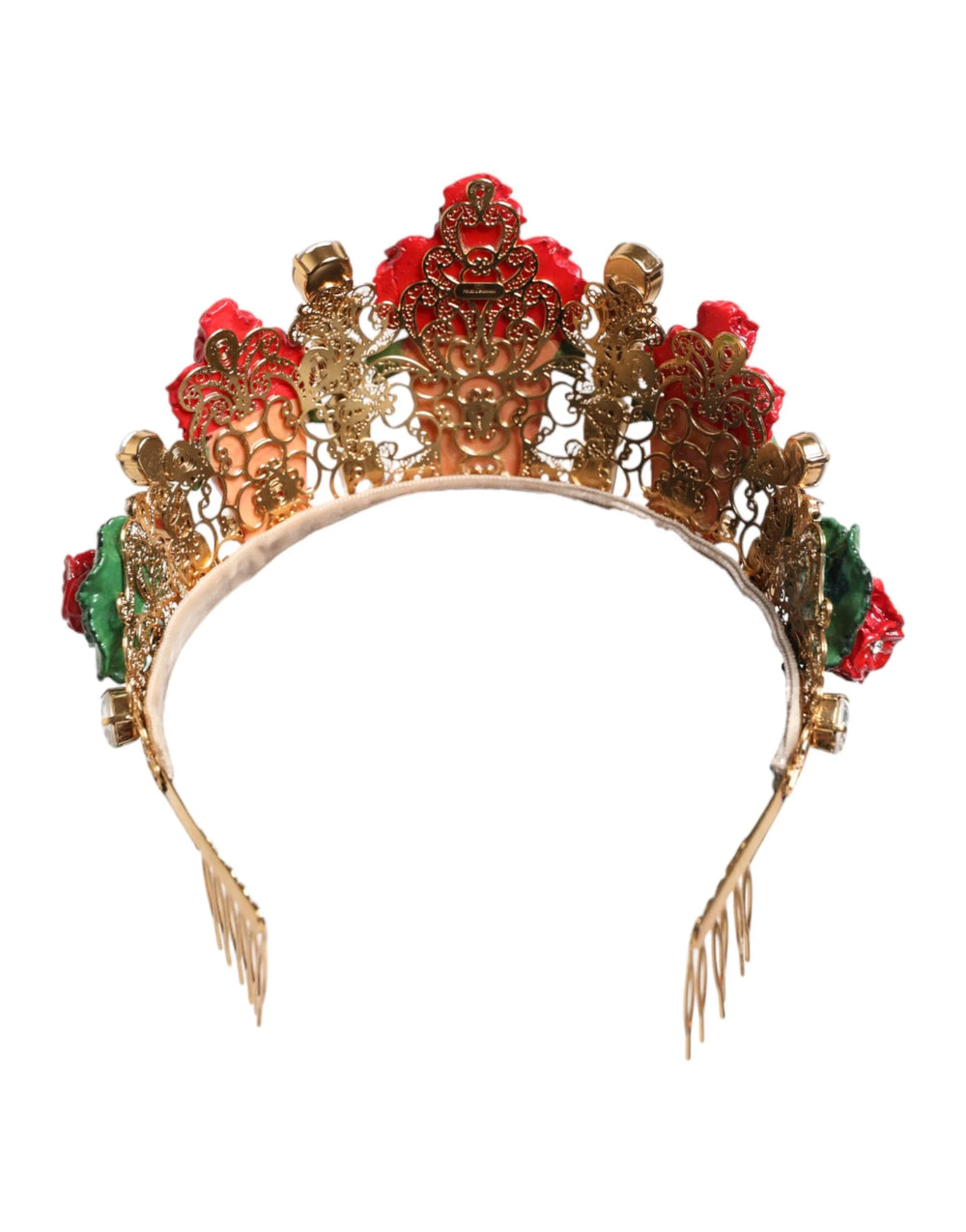 Čelenka Dolce & Gabbana Červená Květinová S Květináčem, Krystaly, Zlato, Koruna, Tiare