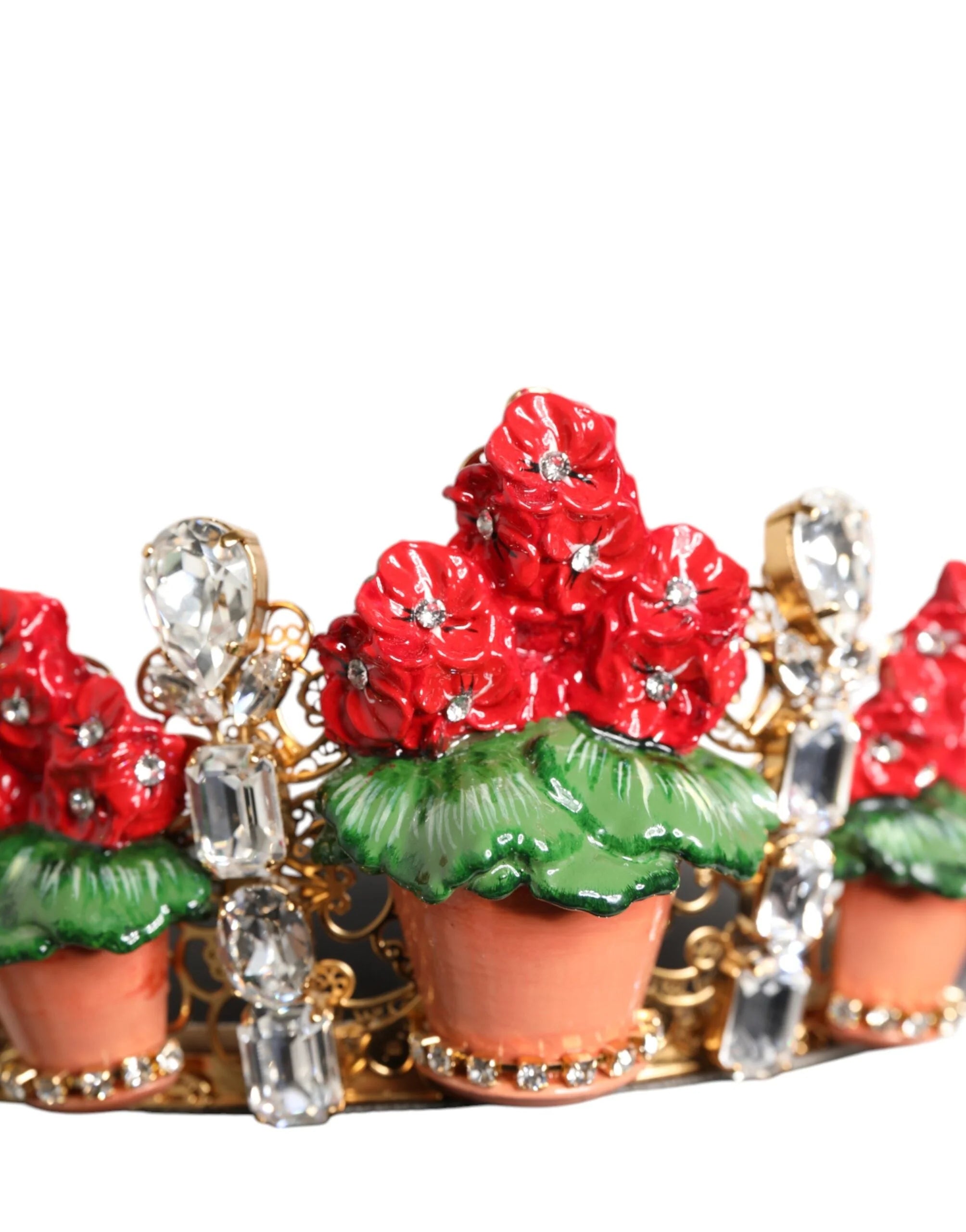 Čelenka Dolce & Gabbana Červená Květinová S Květináčem, Krystaly, Zlato, Koruna, Tiare