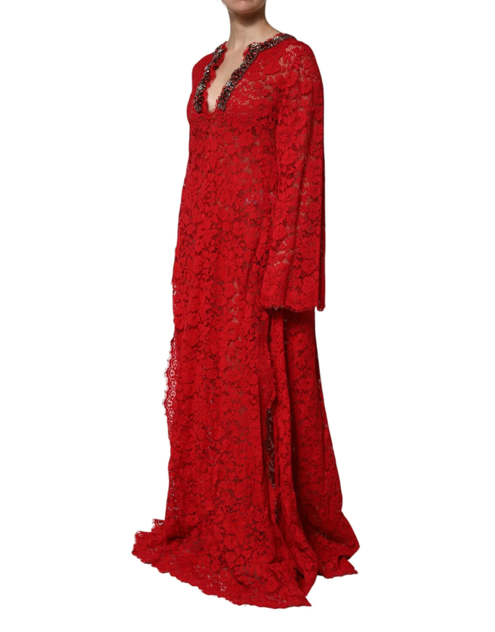 Dolce & Gabbana Red Floral Lace Rhinestone Embellished Dress - IT38 | XS - Dresses
