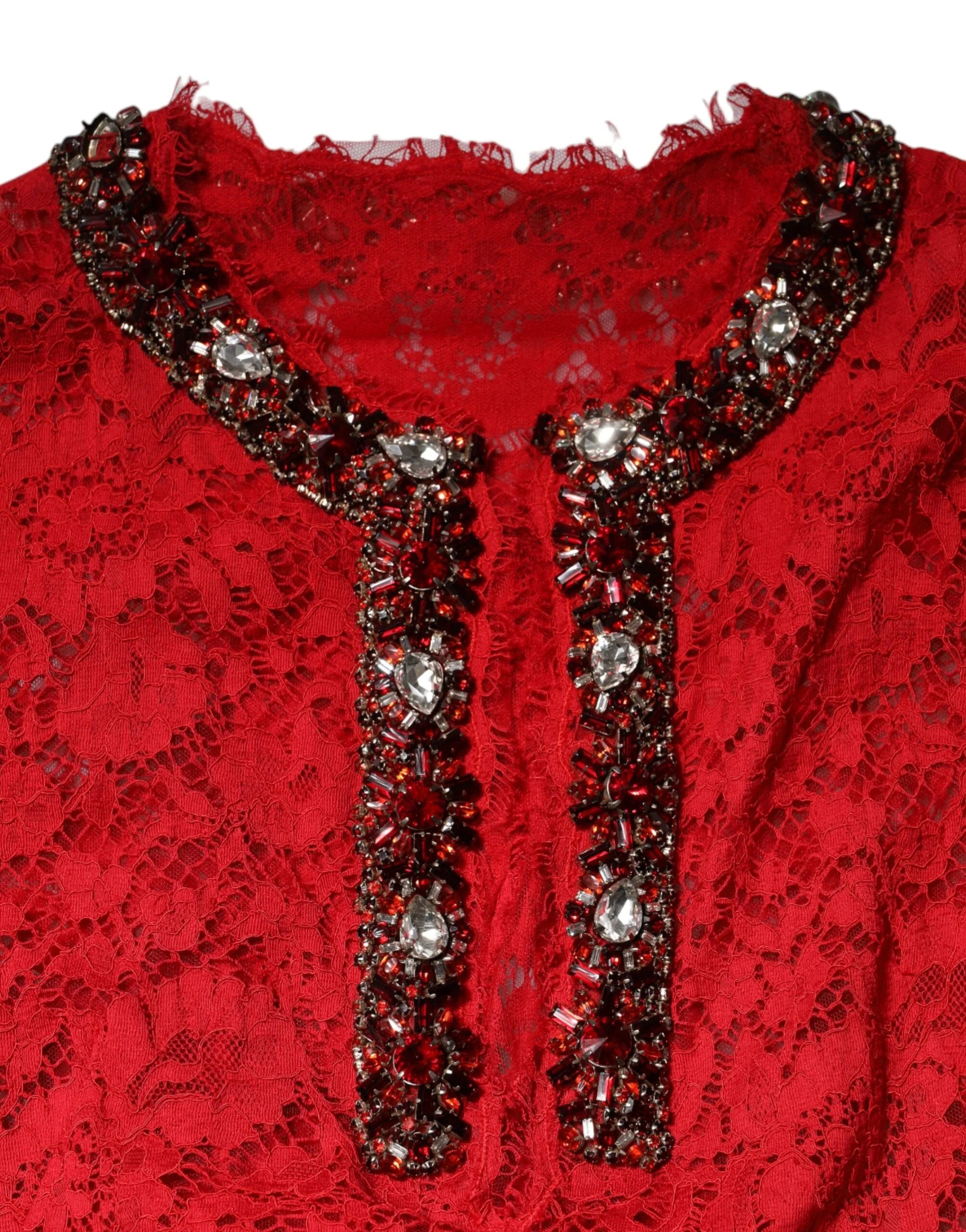 Dolce & Gabbana Red Floral Lace Rhinestone Embellished Dress - IT38 | XS - Dresses