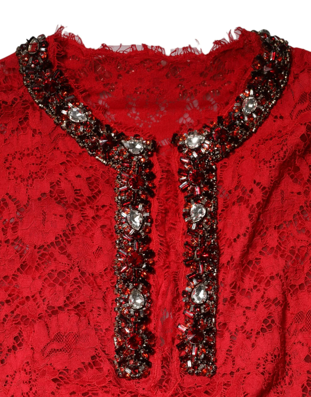 Dolce & Gabbana Red Floral Lace Rhinestone Embellished Dress - IT38 | XS - Dresses
