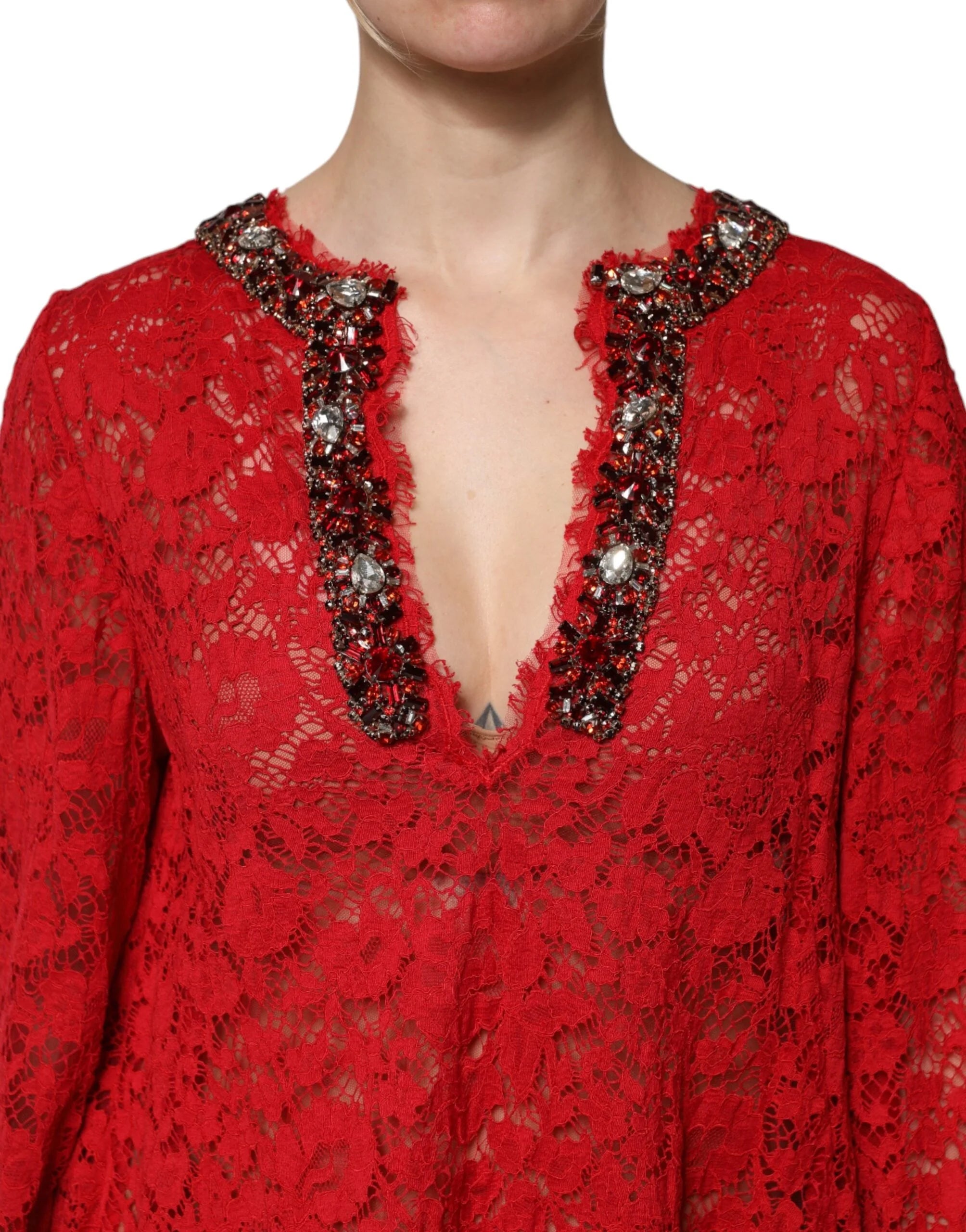 Dolce & Gabbana Red Floral Lace Rhinestone Embellished Dress - IT38 | XS - Dresses