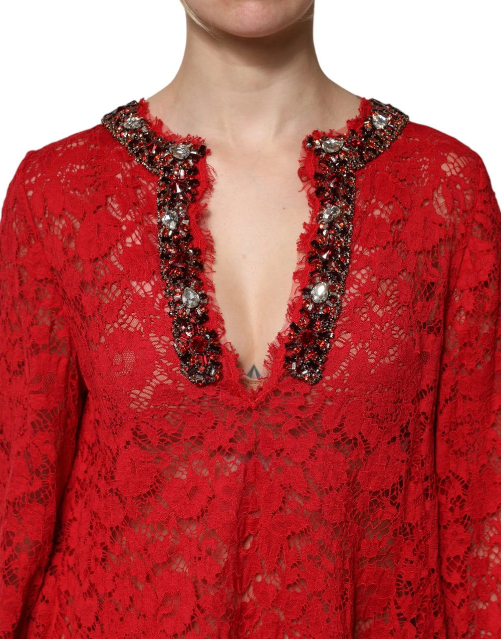 Dolce & Gabbana Red Floral Lace Rhinestone Embellished Dress - IT38 | XS - Dresses