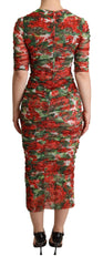 Dolce & Gabbana Red Floral Print Tulle Sheath Midi Dress - IT36 | XS - Dresses