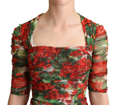 Dolce & Gabbana Red Floral Print Tulle Sheath Midi Dress - IT36 | XS - Dresses