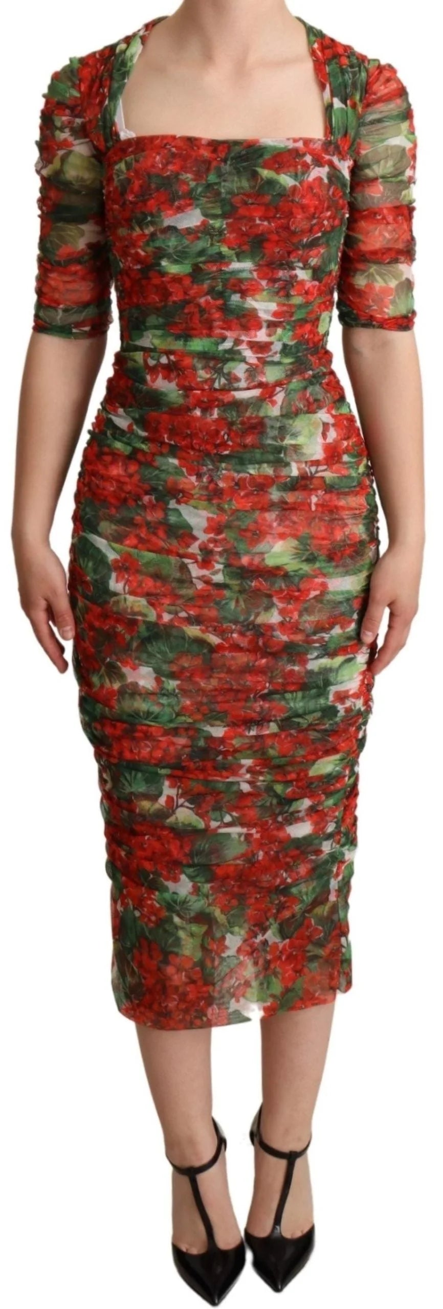 Dolce & Gabbana Red Floral Print Tulle Sheath Midi Dress - IT36 | XS - Dresses