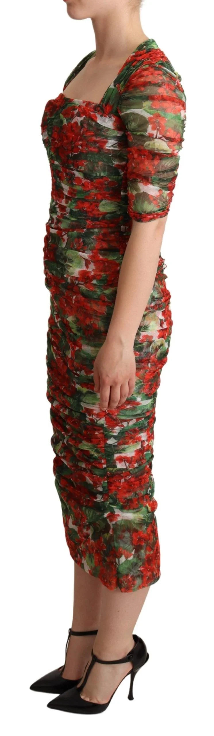 Dolce & Gabbana Red Floral Print Tulle Sheath Midi Dress - IT36 | XS - Dresses