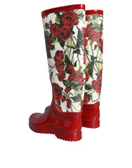 Dolce & Gabbana Red Floral Rubber Knee High Flat Boots Shoes - EU36/US5.5 - Boots