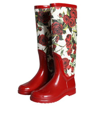 Dolce & Gabbana Red Floral Rubber Knee High Flat Boots Shoes - EU36/US5.5 - Boots