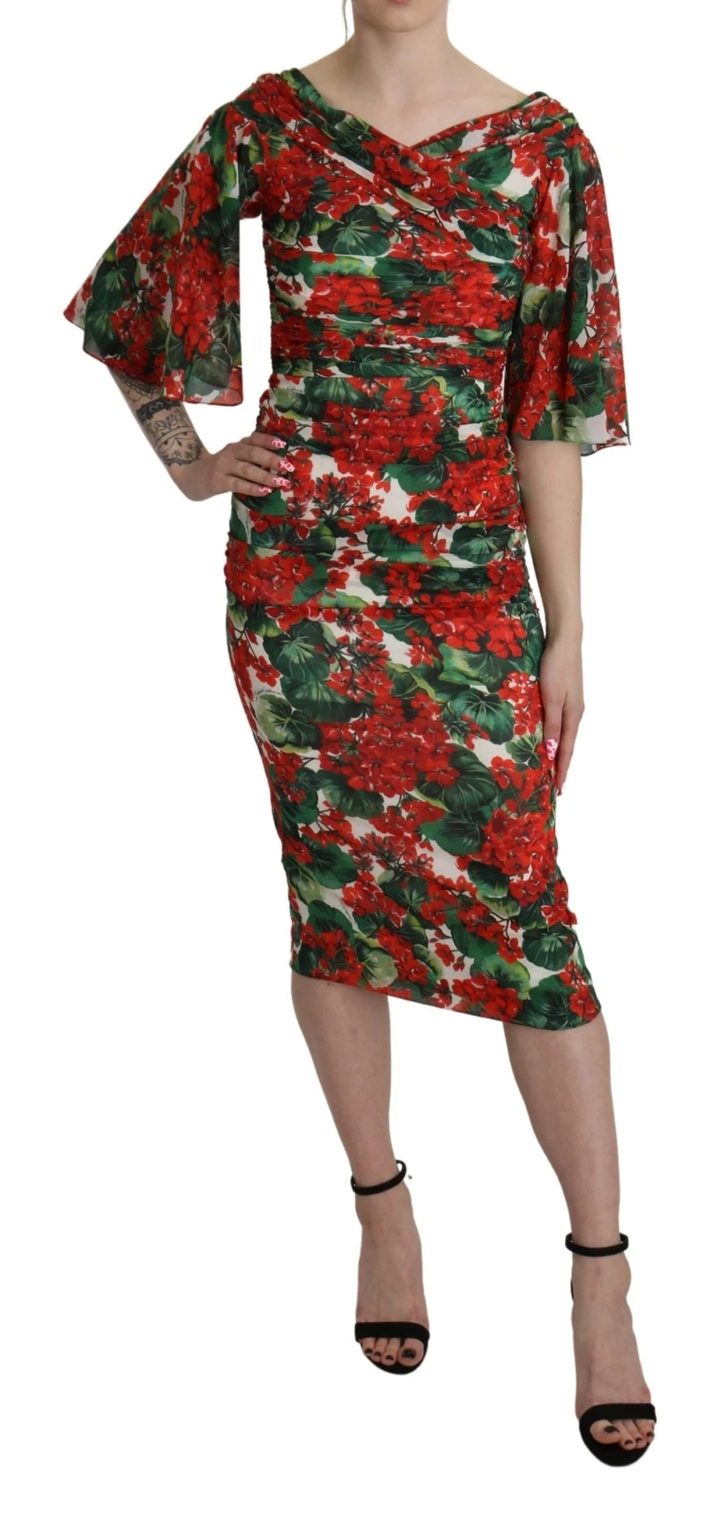 Dolce & Gabbana Red Floral Sheath Midi Silk Stretch Dress - IT38|XS - Dresses