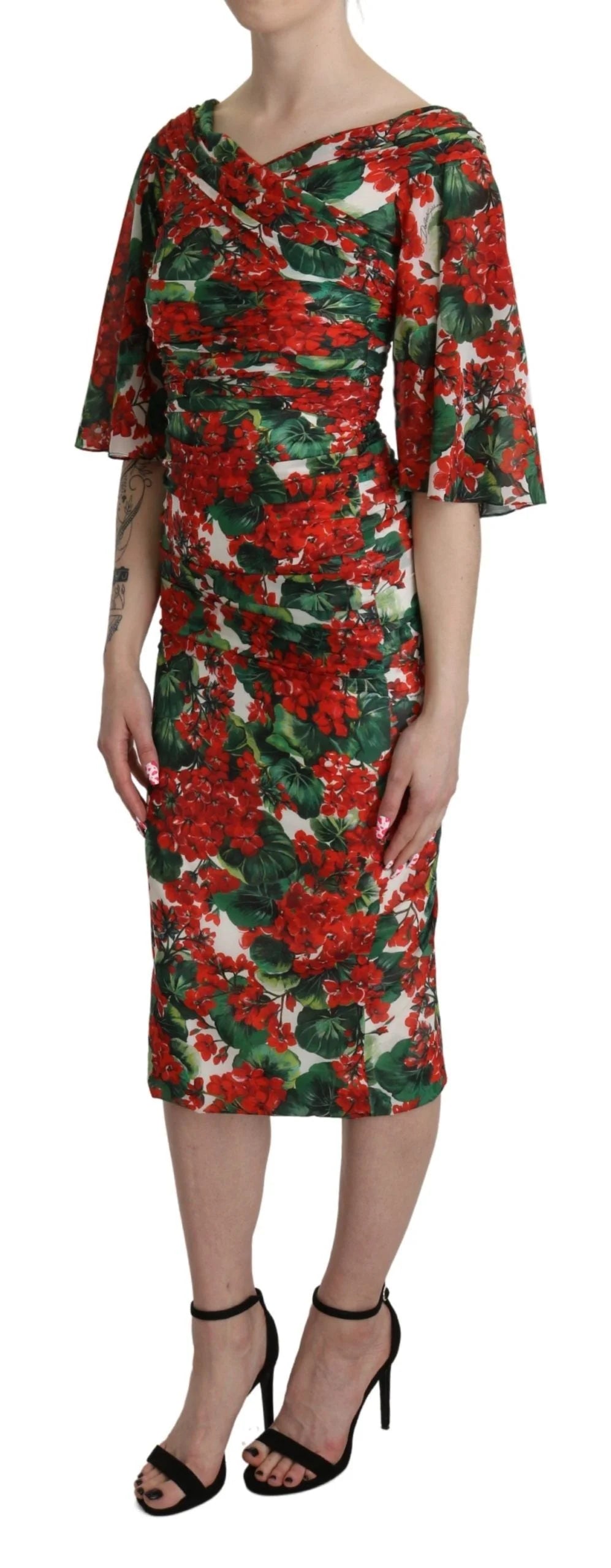 Dolce & Gabbana Red Floral Sheath Midi Silk Stretch Dress - IT38|XS - Dresses