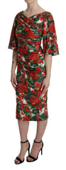 Dolce & Gabbana Red Floral Sheath Midi Silk Stretch Dress - IT38|XS - Dresses