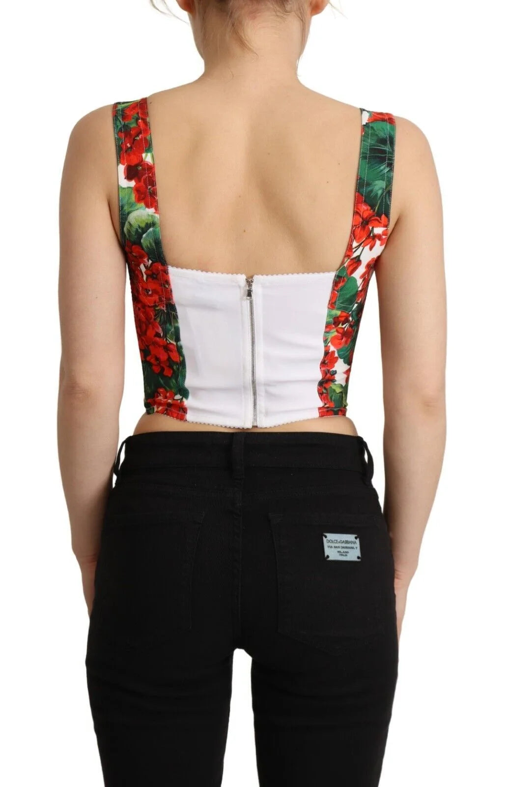 Dolce & Gabbana Red Geranium Print Viscose Sweetheart Cropped Top - IT36 | XS - Tank Tops