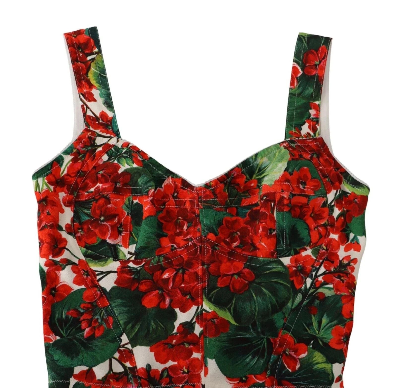 Dolce & Gabbana Red Geranium Print Viscose Sweetheart Cropped Top - IT36 | XS - Tank Tops
