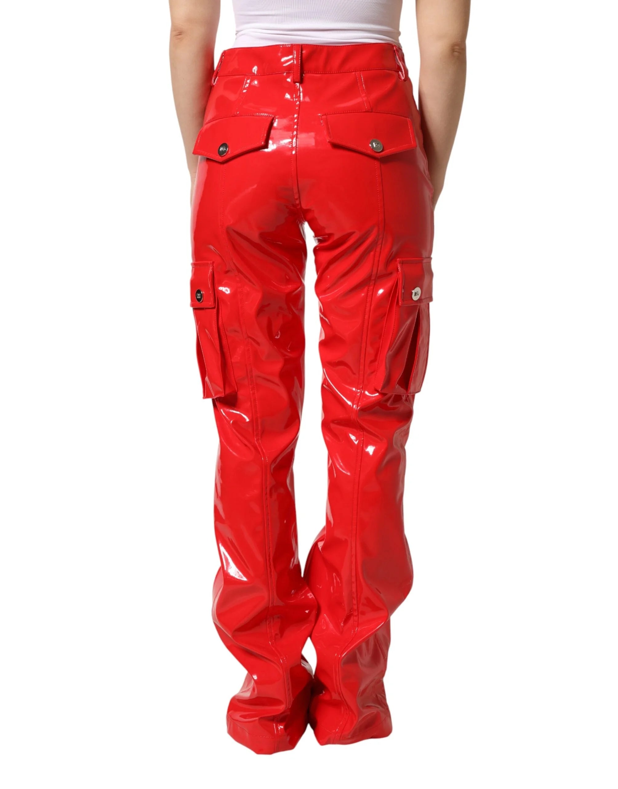 Dolce & Gabbana Red Glossy Polyester Cargo Boot Cut Pants - IT40|S