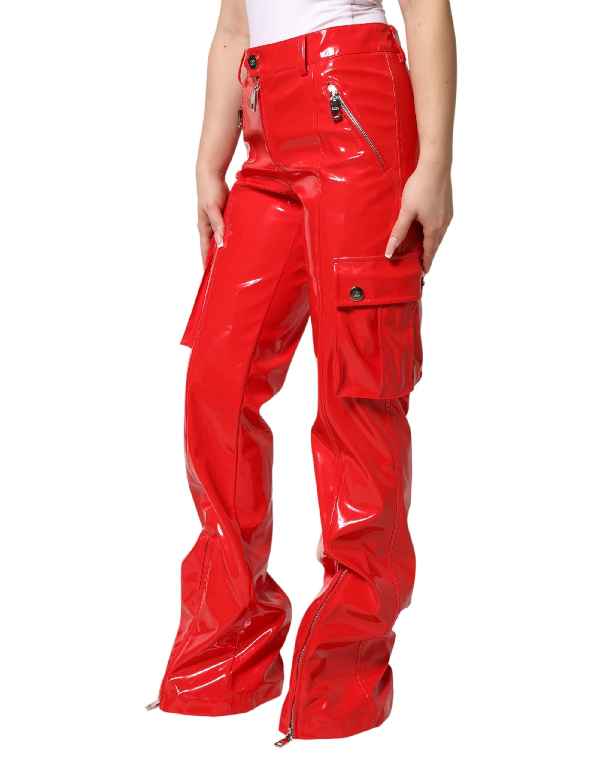 Dolce & Gabbana Red Glossy Polyester Cargo Boot Cut Pants - IT40|S