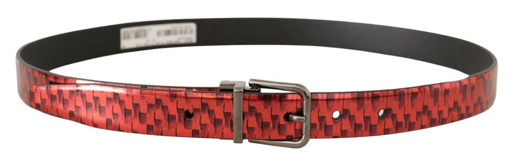 Dolce & Gabbana Red Herringbone Leather Gray Tone Buckle Belt - 90 cm / 36 Inches - Belts