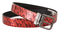 Dolce & Gabbana Red Herringbone Leather Gray Tone Buckle Belt - 90 cm / 36 Inches - Belts