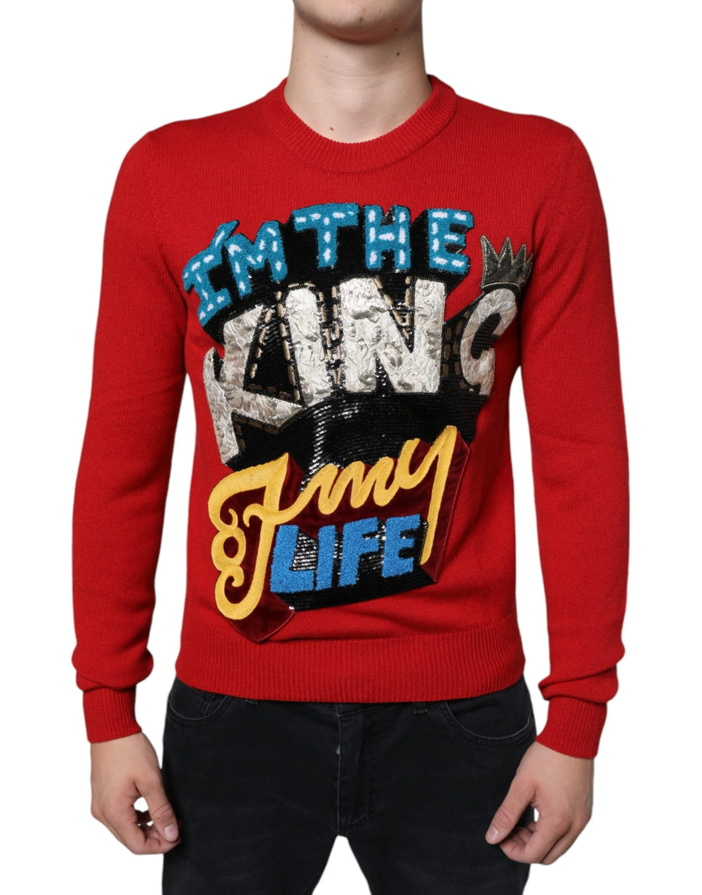 Dolce & Gabbana Red I’m The King Wool Crew Neck Sweatshirt Sweater - IT44 | XS - Sweatshirts