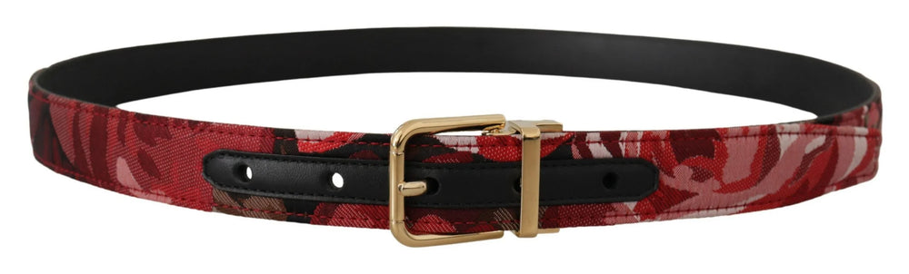 Dolce & Gabbana Red Jacquard Rose Leather Gold Metal Buckle Belt - 90 cm / 36 Inches - Belts