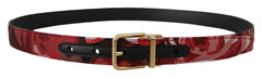 Dolce & Gabbana Red Jacquard Rose Leather Gold Metal Buckle Belt - 90 cm / 36 Inches - Belts