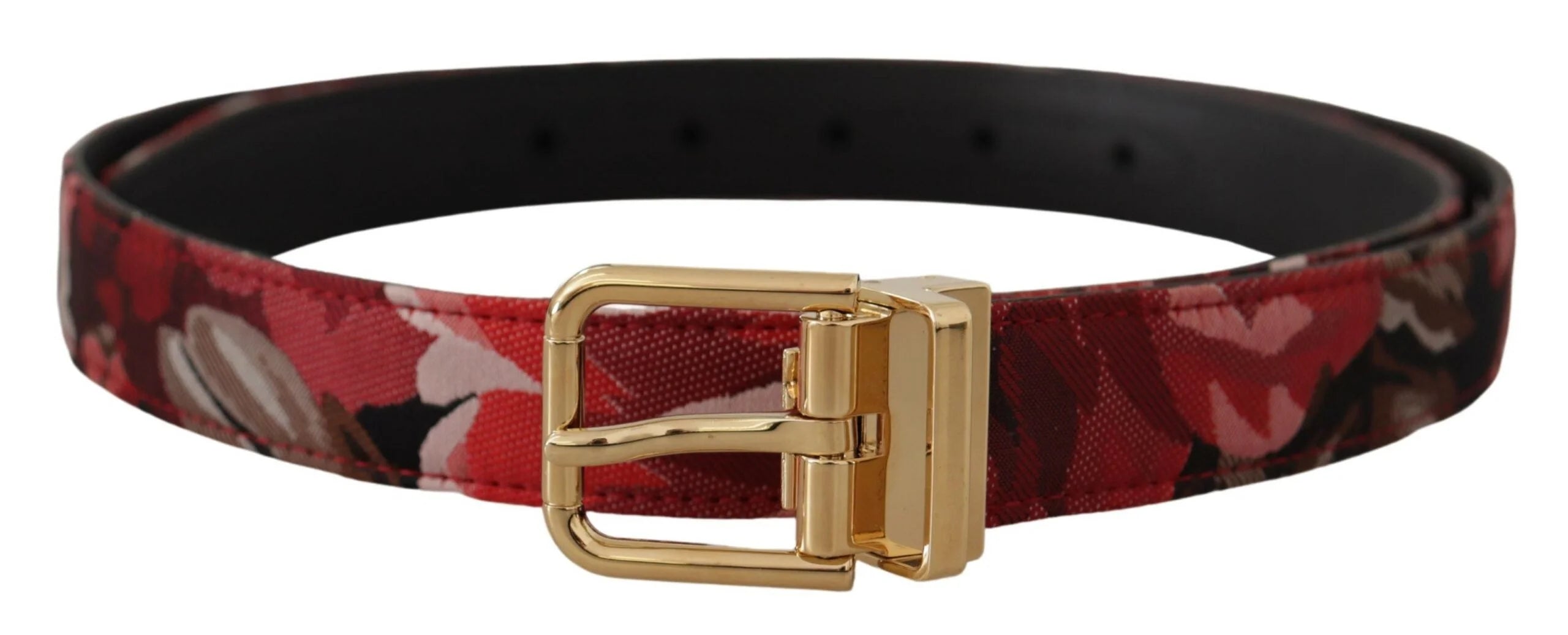 Dolce & Gabbana Red Jacquard Rose Leather Gold Metal Buckle Belt - 90 cm / 36 Inches - Belts