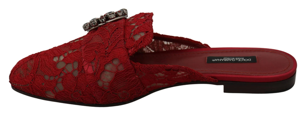 Dolce & Gabbana Red Lace Crystal Slide On Flats Shoes - EU35/US4.5 - Sandals