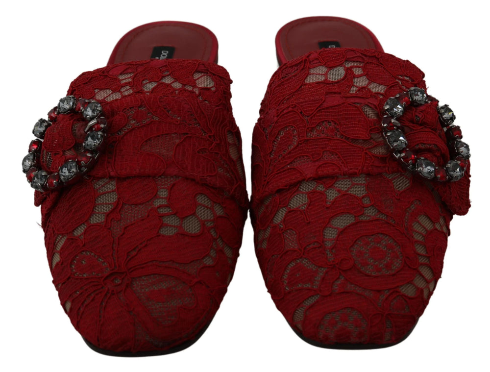 Dolce & Gabbana Red Lace Crystal Slide On Flats Shoes - EU35/US4.5 - Sandals