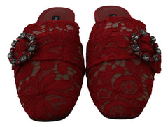 Dolce & Gabbana Red Lace Crystal Slide On Flats Shoes - EU35/US4.5 - Sandals