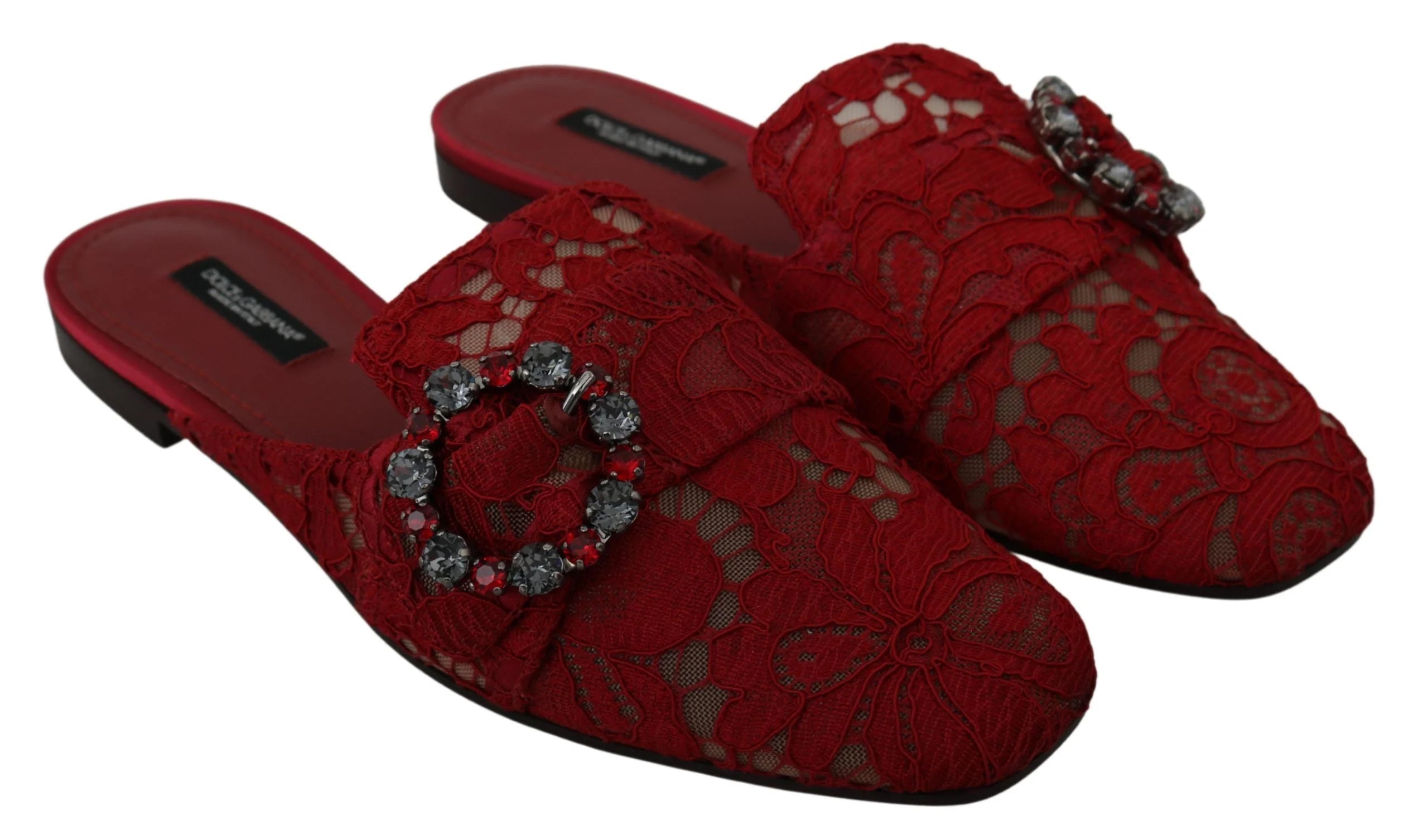 Dolce & Gabbana Red Lace Crystal Slide On Flats Shoes - EU35/US4.5 - Sandals