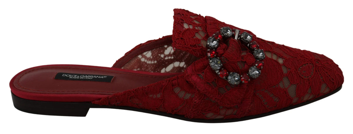 Dolce & Gabbana Red Lace Crystal Slide On Flats Shoes - EU35/US4.5 - Sandals