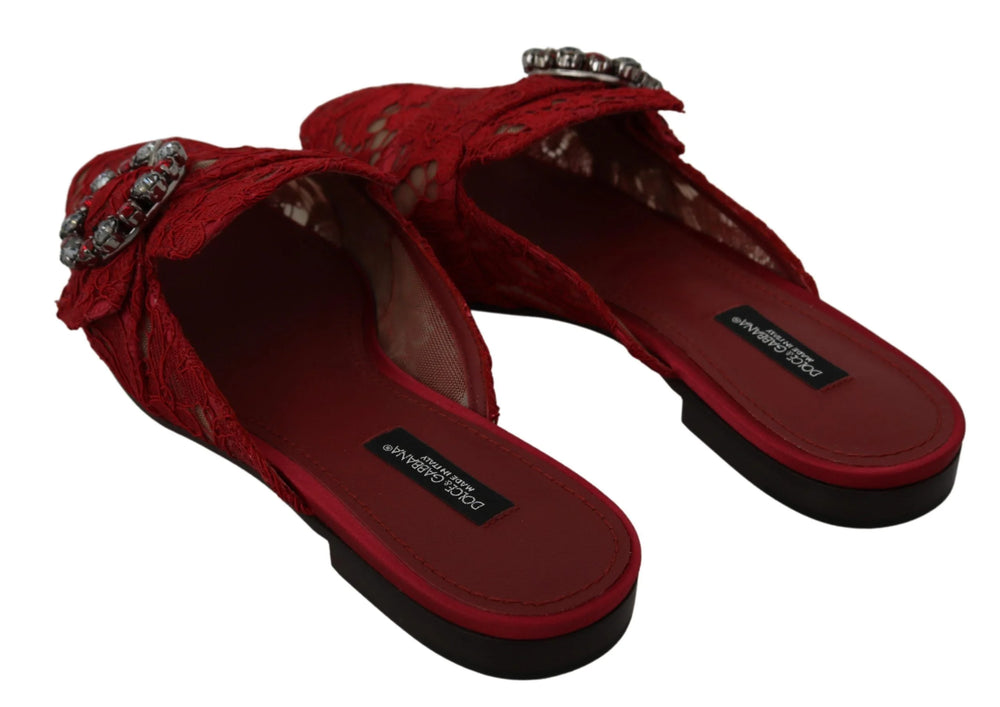 Dolce & Gabbana Red Lace Crystal Slide On Flats Shoes - EU35/US4.5 - Sandals