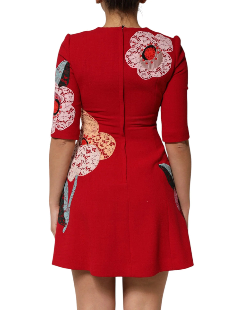 Dolce & Gabbana Red Lace Floral Applique A-line Mini Dress - Dresses