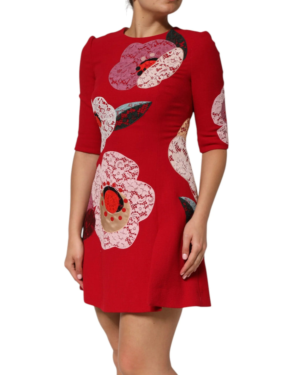 Dolce & Gabbana Red Lace Floral Applique A-line Mini Dress - Dresses