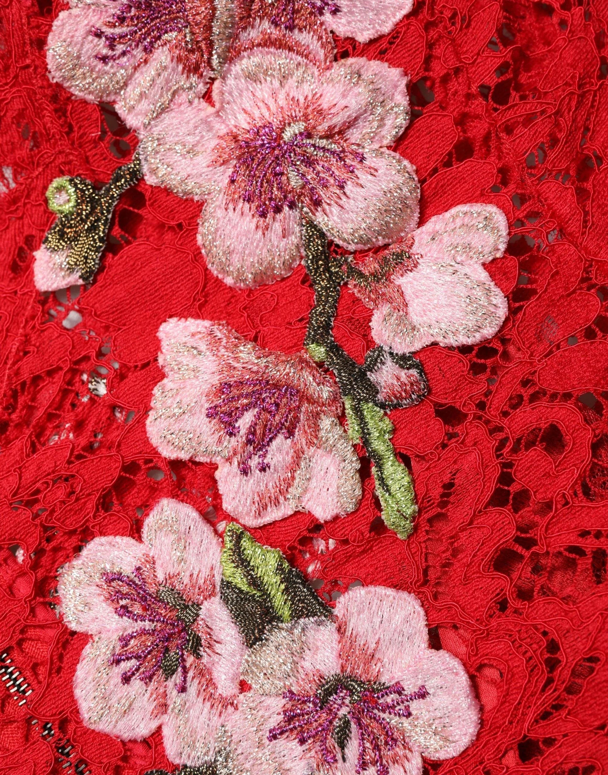 Dolce & Gabbana Red Lace Floral Embroidery Long Sleeves Top - IT36|XXS