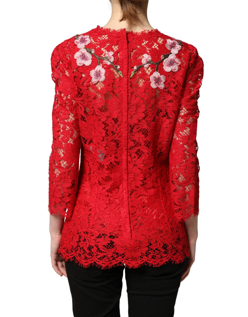 Dolce & Gabbana Red Lace Floral Embroidery Long Sleeves Top - IT36|XXS