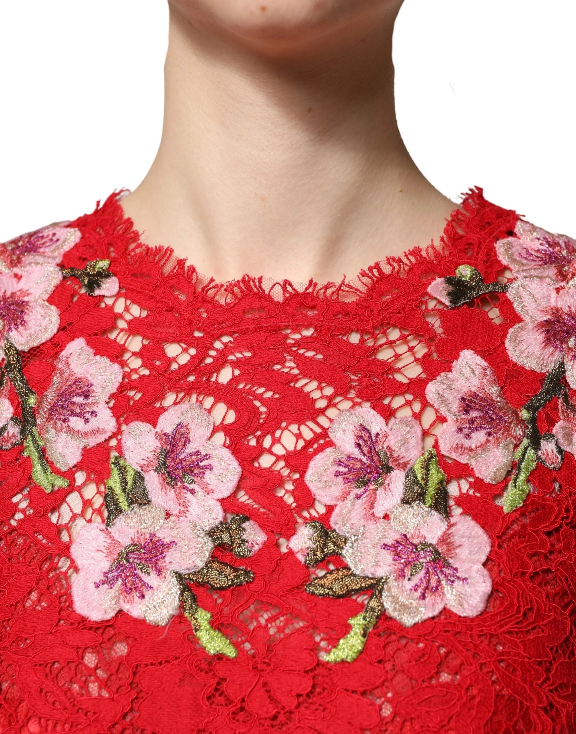 Dolce & Gabbana Red Lace Floral Embroidery Long Sleeves Top - IT36|XXS