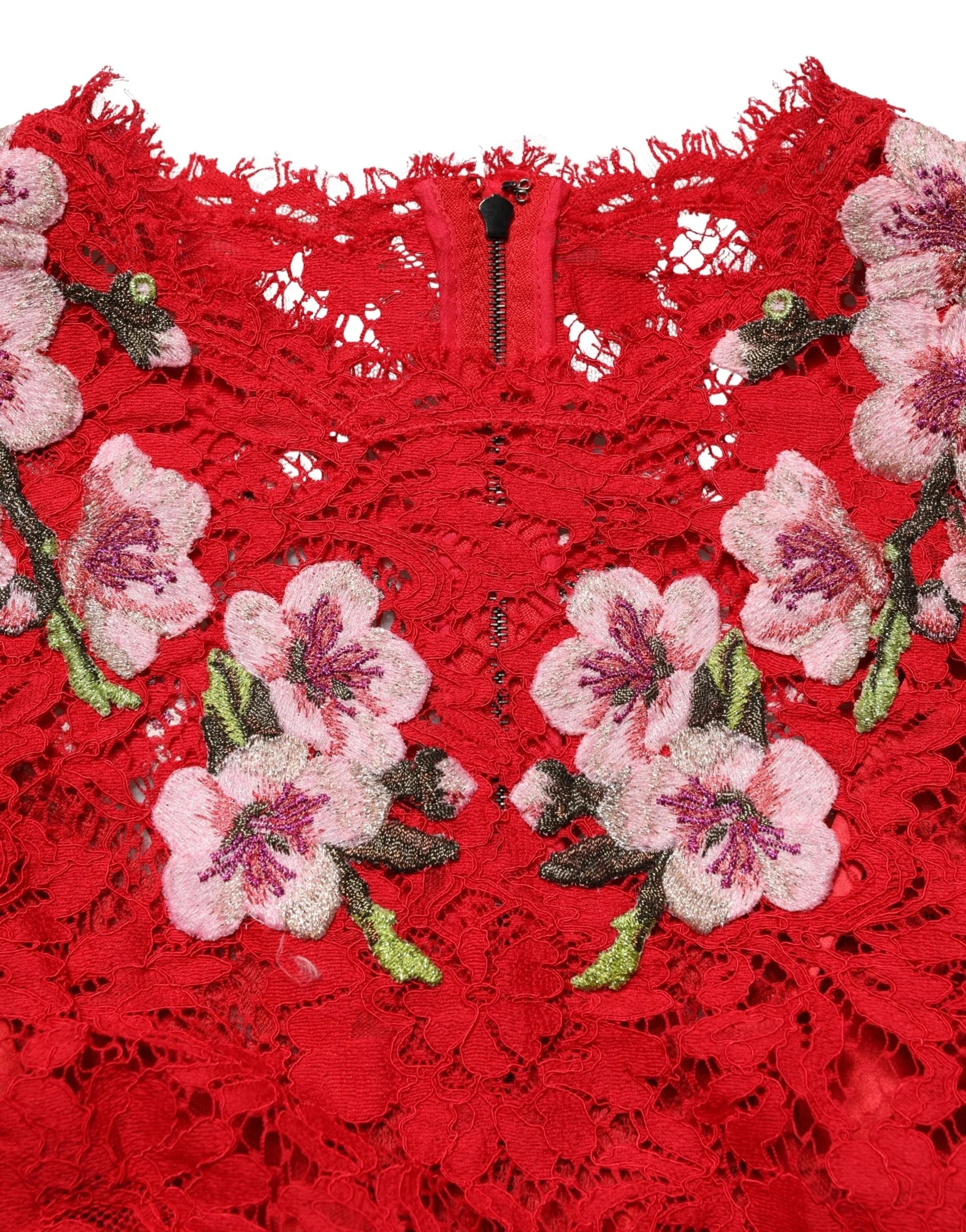 Dolce & Gabbana Red Lace Floral Embroidery Long Sleeves Top - IT36|XXS