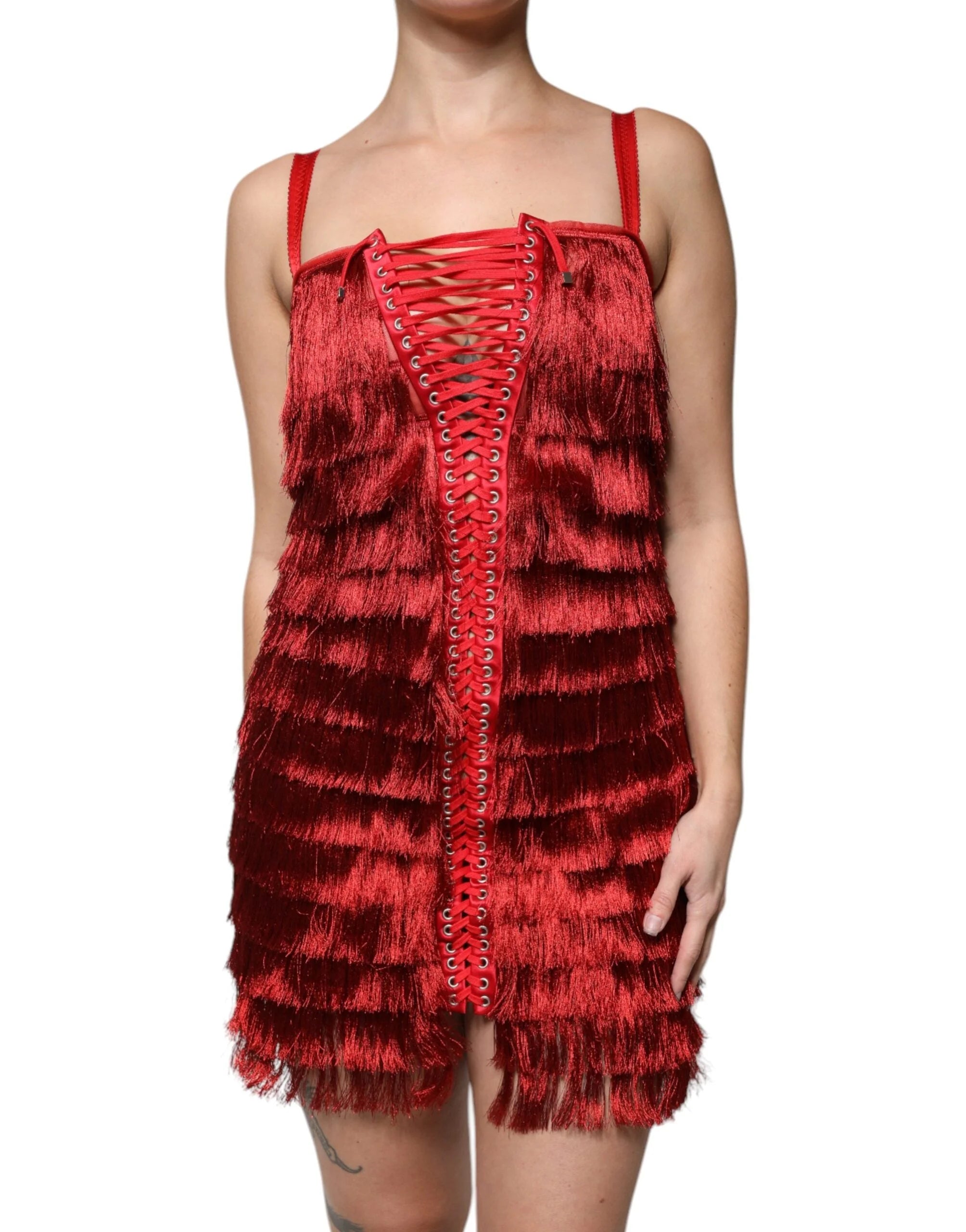 Dolce & Gabbana Red Lace Tassel Sleeveless Sheath Mini Dress - IT40|S - Dresses