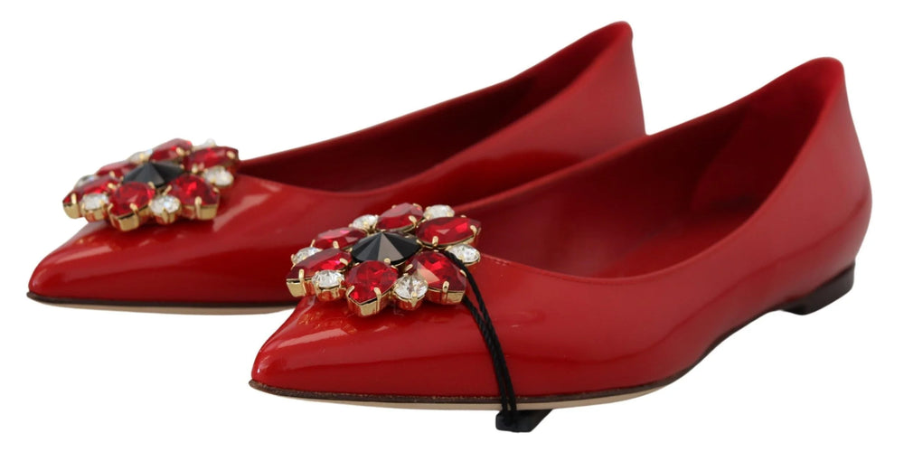 Dolce & Gabbana Red Leather Crystals Loafers Flats Shoes - Flats