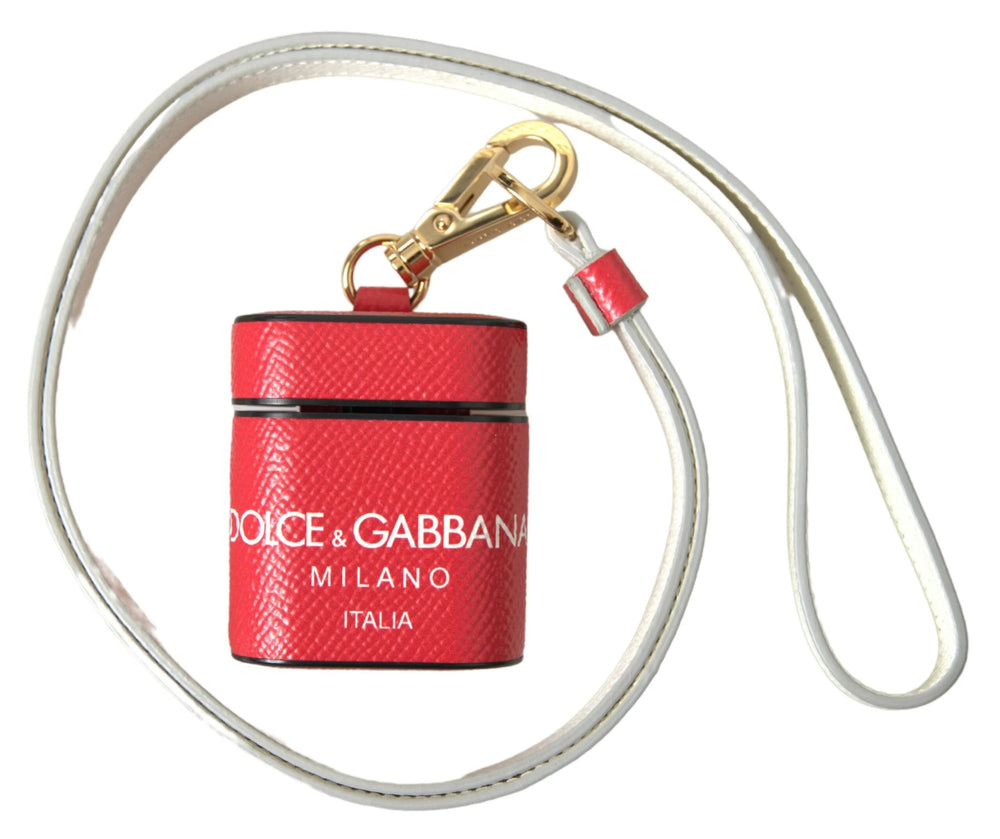 Dolce & Gabbana Red Leather Gold Tone Metal Logo Print Strap Airpods Case - Headphone Carrying Cases