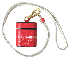 Dolce & Gabbana Red Leather Gold Tone Metal Logo Print Strap Airpods Case - Headphone Carrying Cases