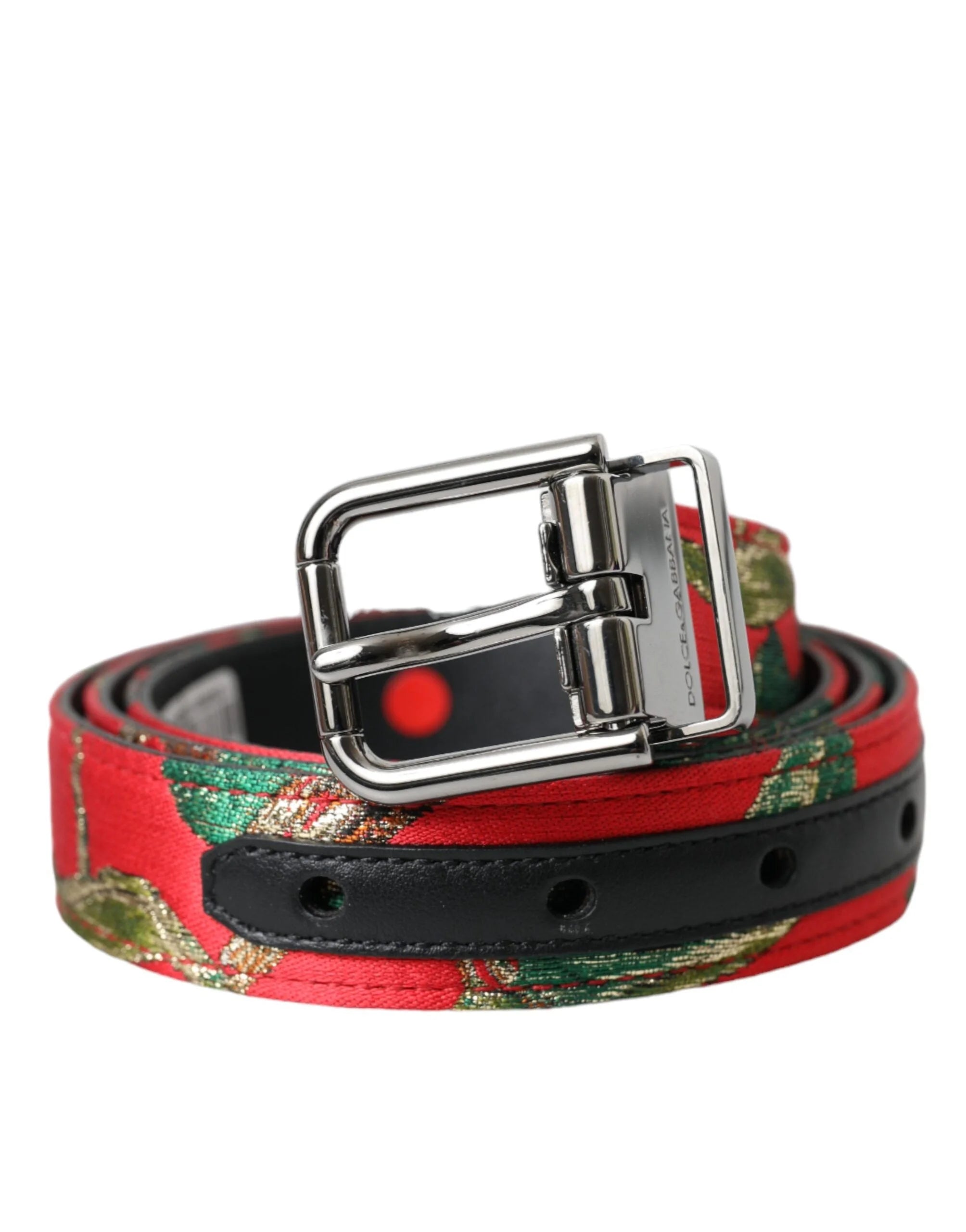 Dolce & Gabbana Red Leather Jacquard Silver Metal Buckle Belt - 90 cm / 36 Inches - Belts