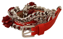 Dolce & Gabbana Red Leather Roses Floral Silver Waist Belt - Belts