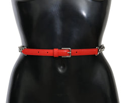 Dolce & Gabbana Red Leather Roses Floral Silver Waist Belt - Belts