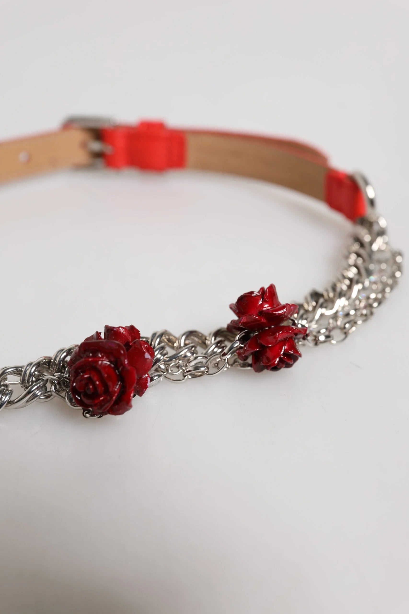 Dolce & Gabbana Red Leather Silver Chain Floral Cintura Belt - Belts