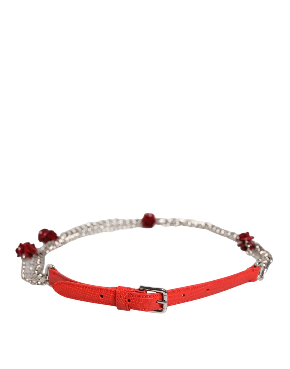 Dolce & Gabbana Red Leather Silver Chain Floral Cintura Belt - Belts