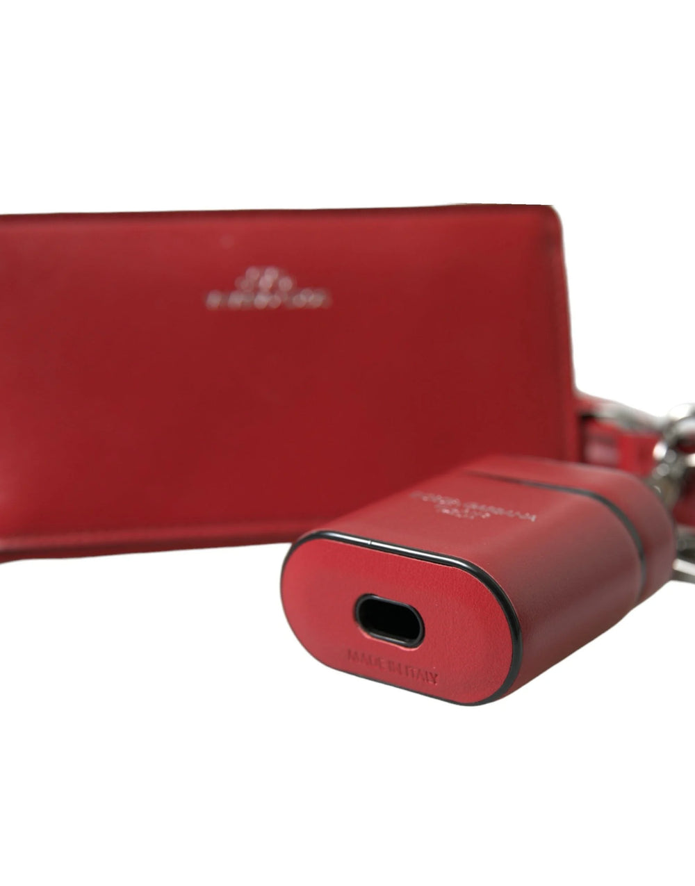 Dolce & Gabbana Red Leather Silver Metal Logo Strap Pouch Airpods Case - Headphone Carrying Cases