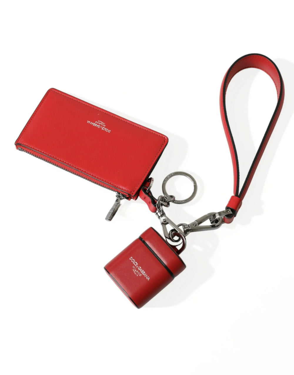 Dolce & Gabbana Red Leather Silver Metal Logo Strap Pouch Airpods Case - Headphone Carrying Cases